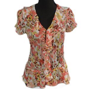 Allison Taylor Ruffled Blouse with Crystal Pleating and Abstract Print Sz Small
